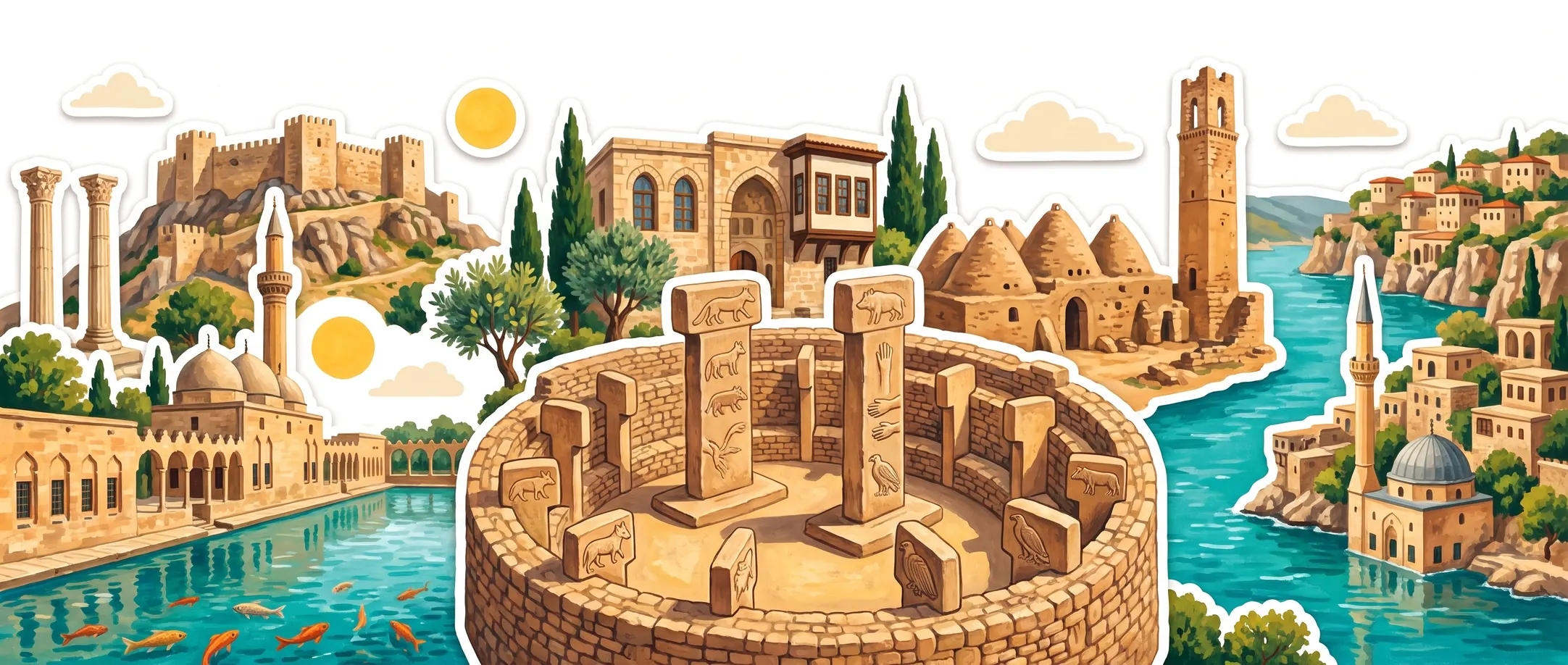 Çıkartma kolajı biçiminde Şanlıurfa: ortada Göbeklitepe'nin kabartmalı dikilitaşları, solda Balıklıgöl ile kale ve iki sütunu, sağda Harran'ın kümbet evleri ve Halfeti'nin batık camisi.