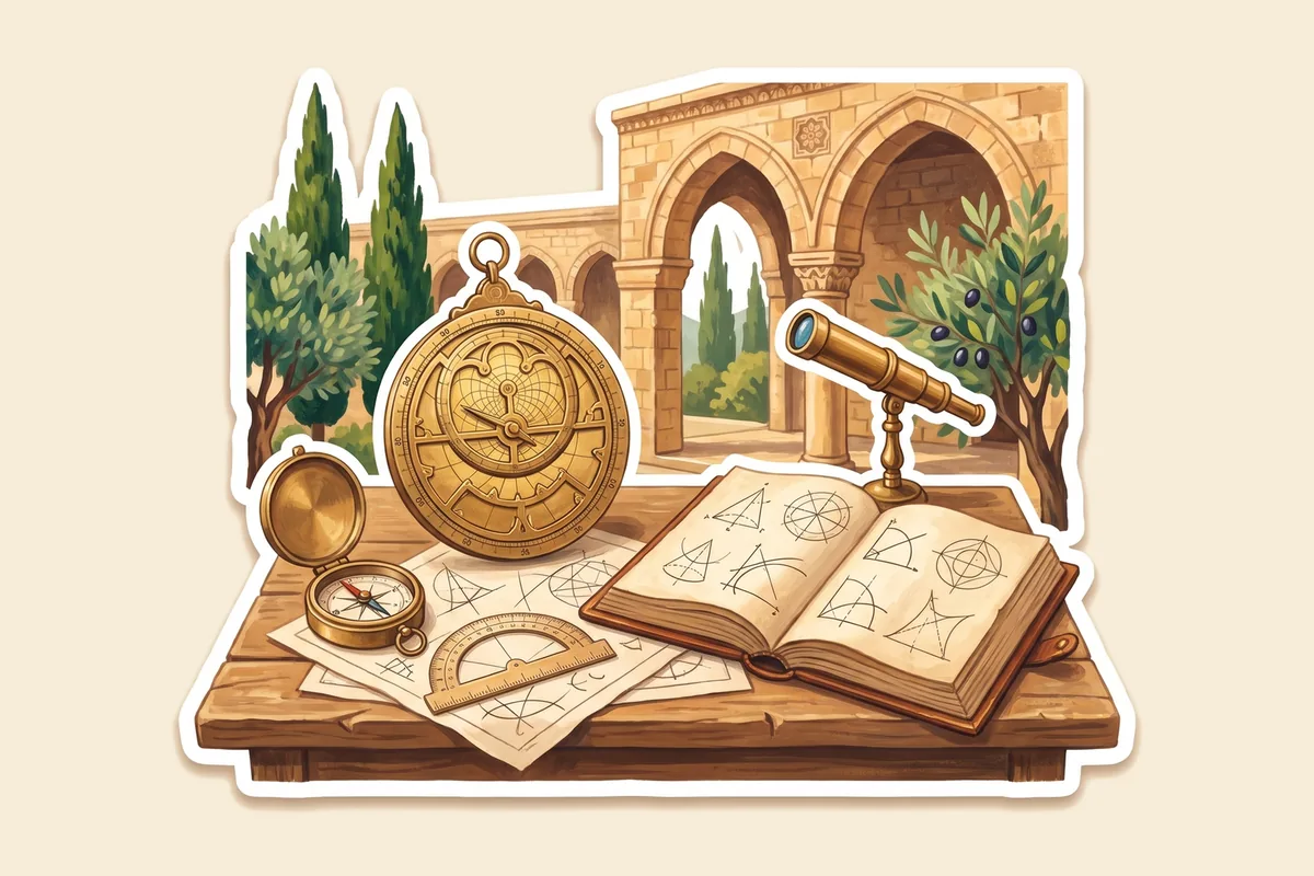 Çıkartma tarzında çizim: Harran geleneğinde usturlap, pergel, iletki, küçük teleskop ve geometri kitabı.