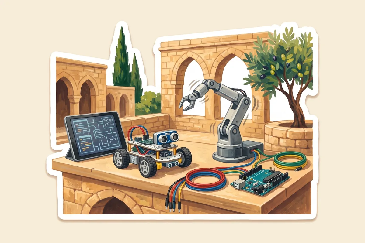 Çıkartma tarzında çizim: taş tezgâhta tekerlekli eğitim robotu, robot kol, tablet ve devre kartı.