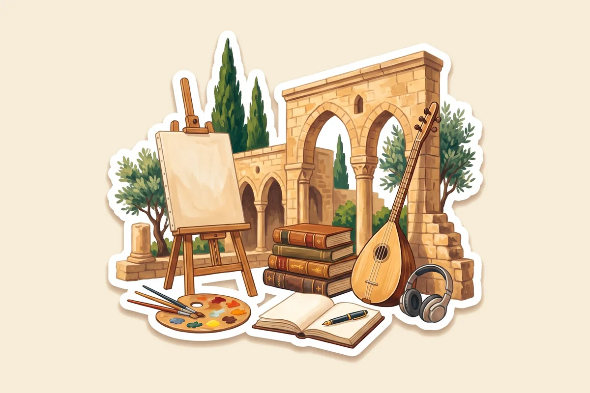 Çıkartma tarzında çizim: şövale, palet, kitaplar, defter, bağlama ve kulaklık.