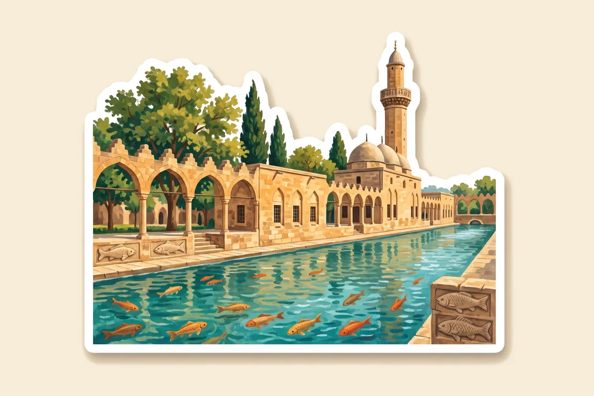 Çıkartma tarzında çizim: turuncu balıklarla dolu turkuaz Balıklıgöl, Rızvaniye'nin sivri kemerli revakları, Halil-ür Rahman Camii'nin kubbesi ve kare minaresi.