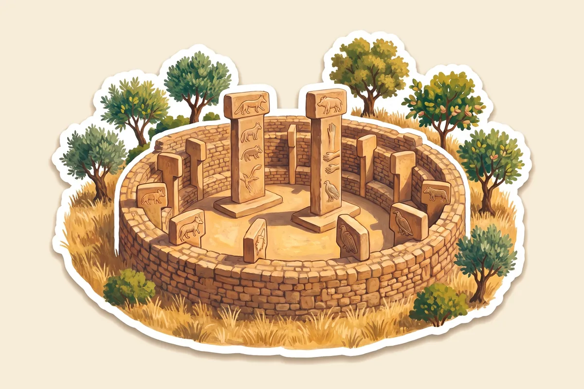 Çıkartma tarzında çizim: Göbeklitepe'nin taş duvarlı yuvarlak alanı, tilki, yaban domuzu ve akbaba kabartmalı T biçimli dikilitaşlar, çevresinde zeytin ağaçları.