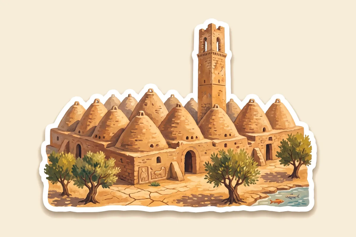 Çıkartma tarzında çizim: Harran'ın kerpiç kümbet evleri ve arkada Ulu Cami'nin kare kulesi, zeytin ağaçları.